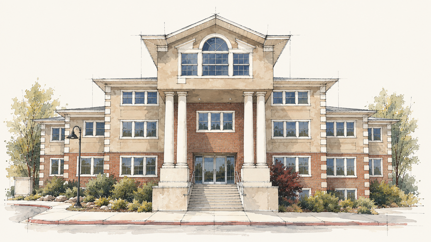 Watercolor architectural rendering of the Colonial Place office building